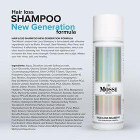 The Mossi London shampoo label highlighting key ingredients Biotin Procapil Saw Palmetto Panthenol.