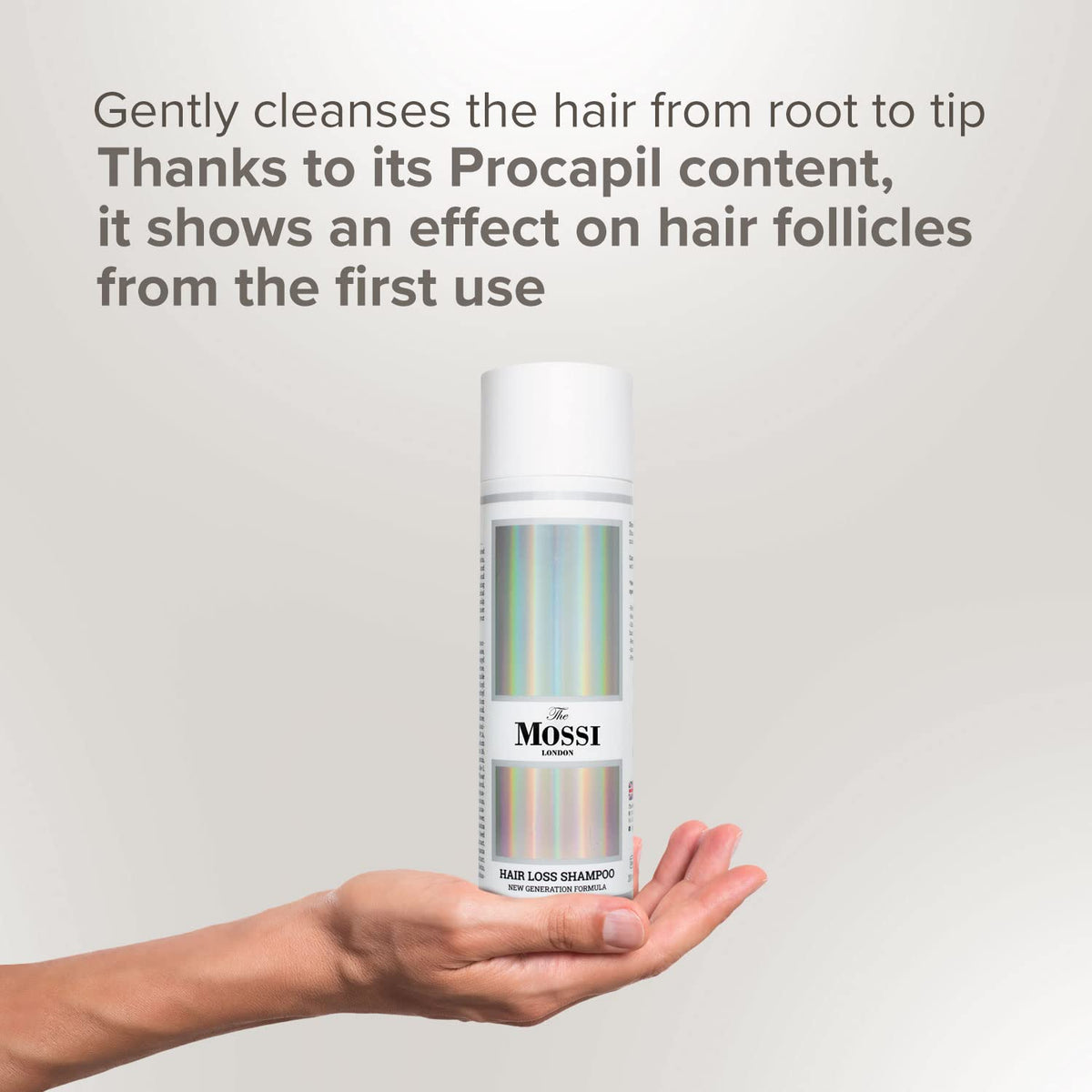 Shiny, healthy-looking hair after using The Mossi London shampoo.