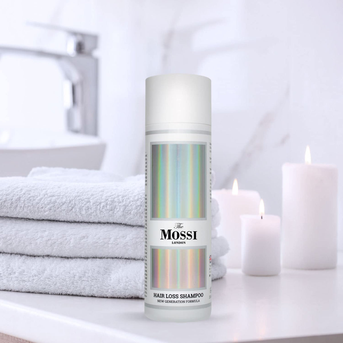 The Mossi London bottle with visible ingredients panel and nutrient components.
