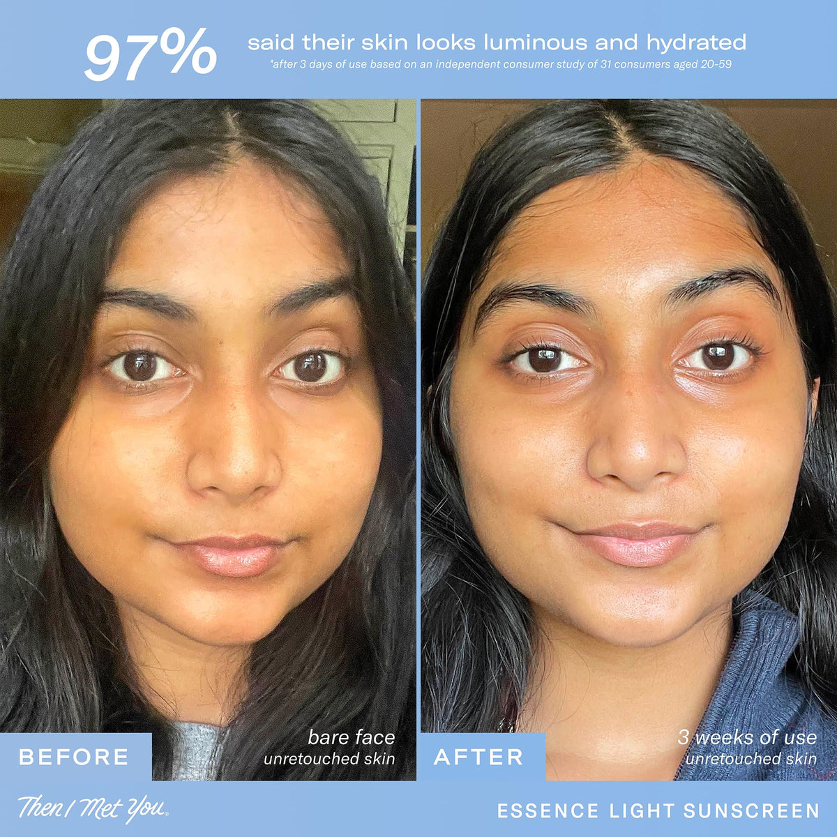 Then I Met You Essence Light sunscreen texture swatch on skin reveals a dewy finish