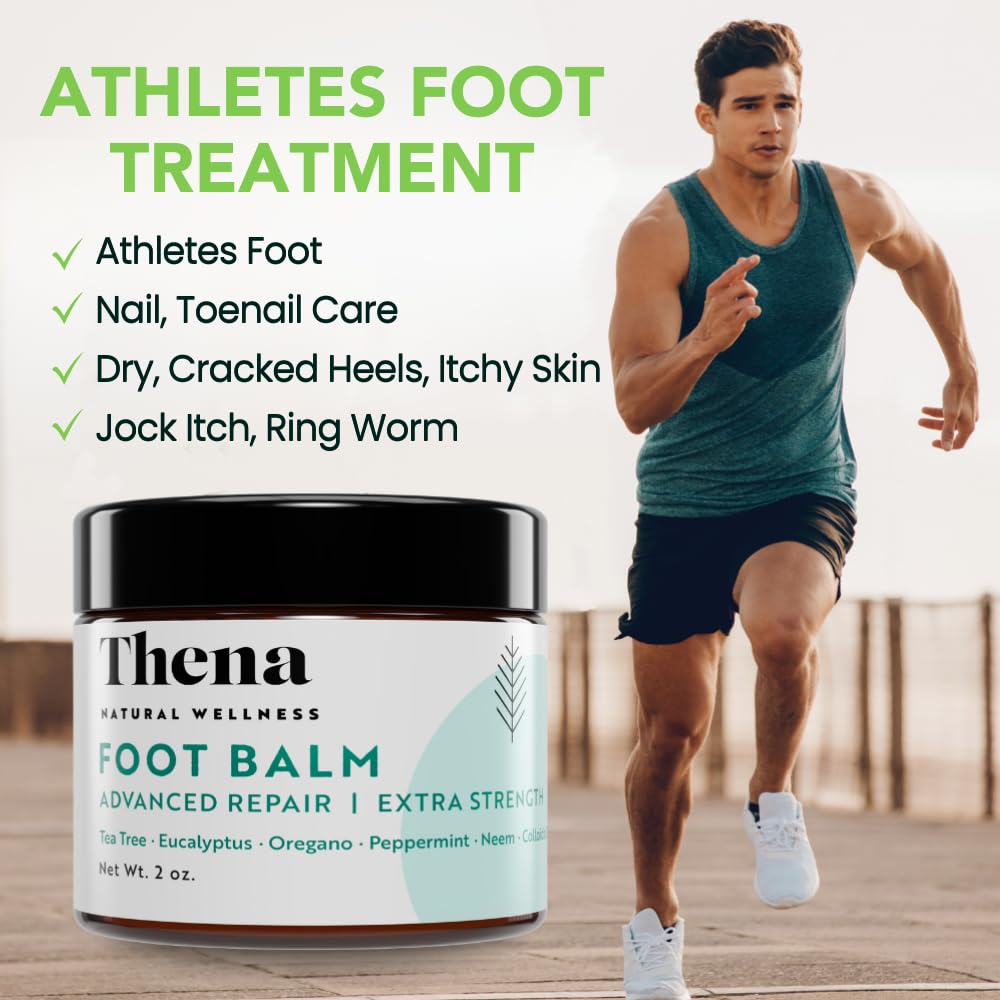Thena Athletes Foot Cream ingredients tea tree neem turmeric shown for herbal care.