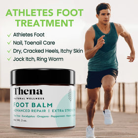Thena Athletes Foot Cream ingredients tea tree neem turmeric shown for herbal care.