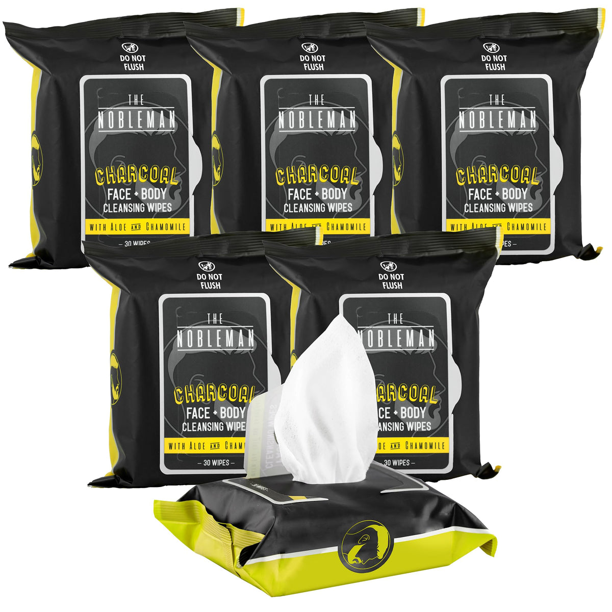 The Nobleman Cleansing Wipes Charcoal Pack With Label highlights pack size and charcoal benefits.
