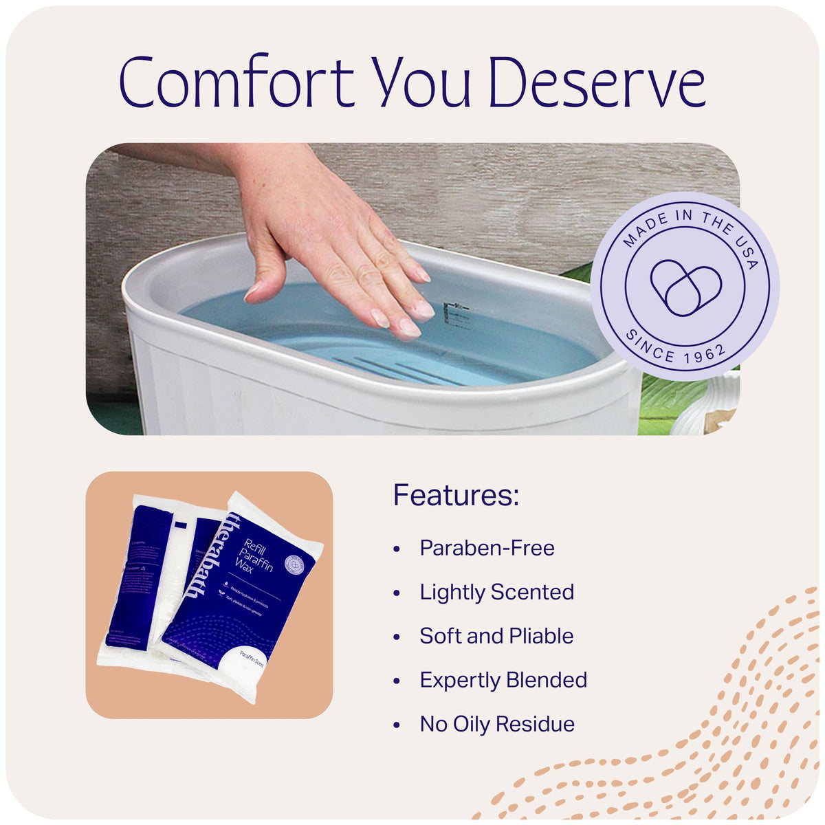 Therabath soft pliable wax image highlighting easy handling and mess-free sessions