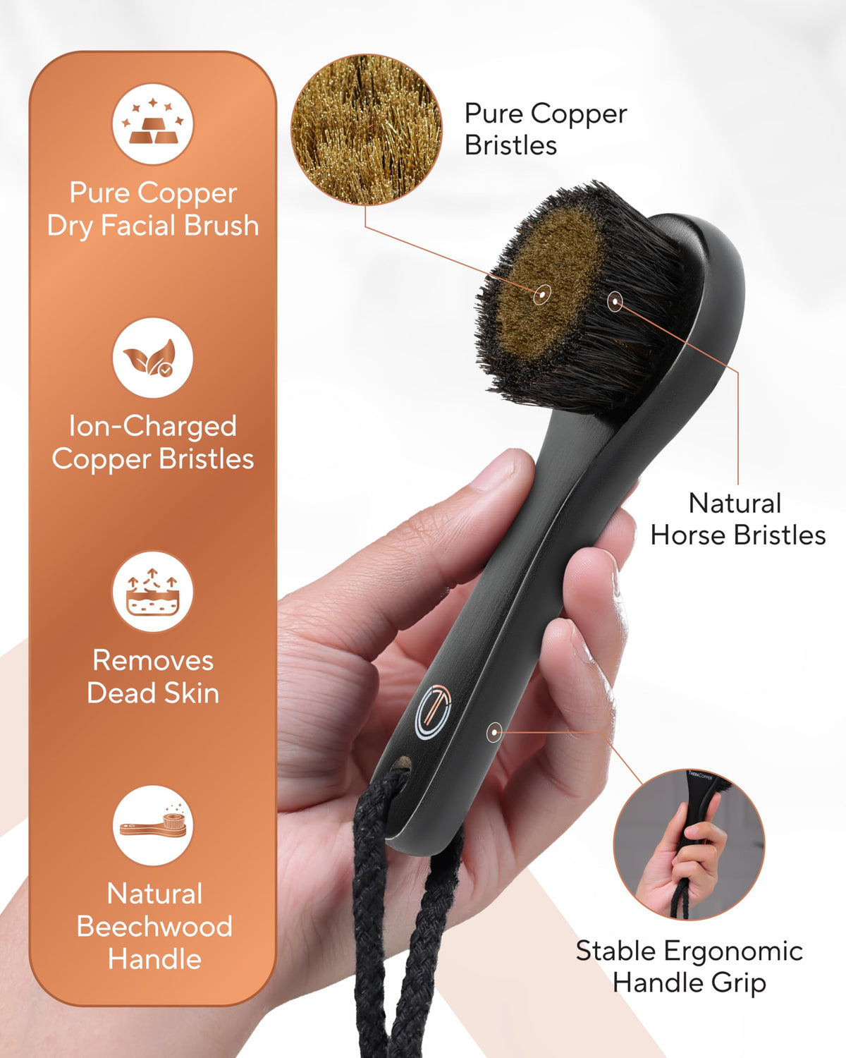 TheraCopper natural horsehair bristles providing delicate skin contact on the face.