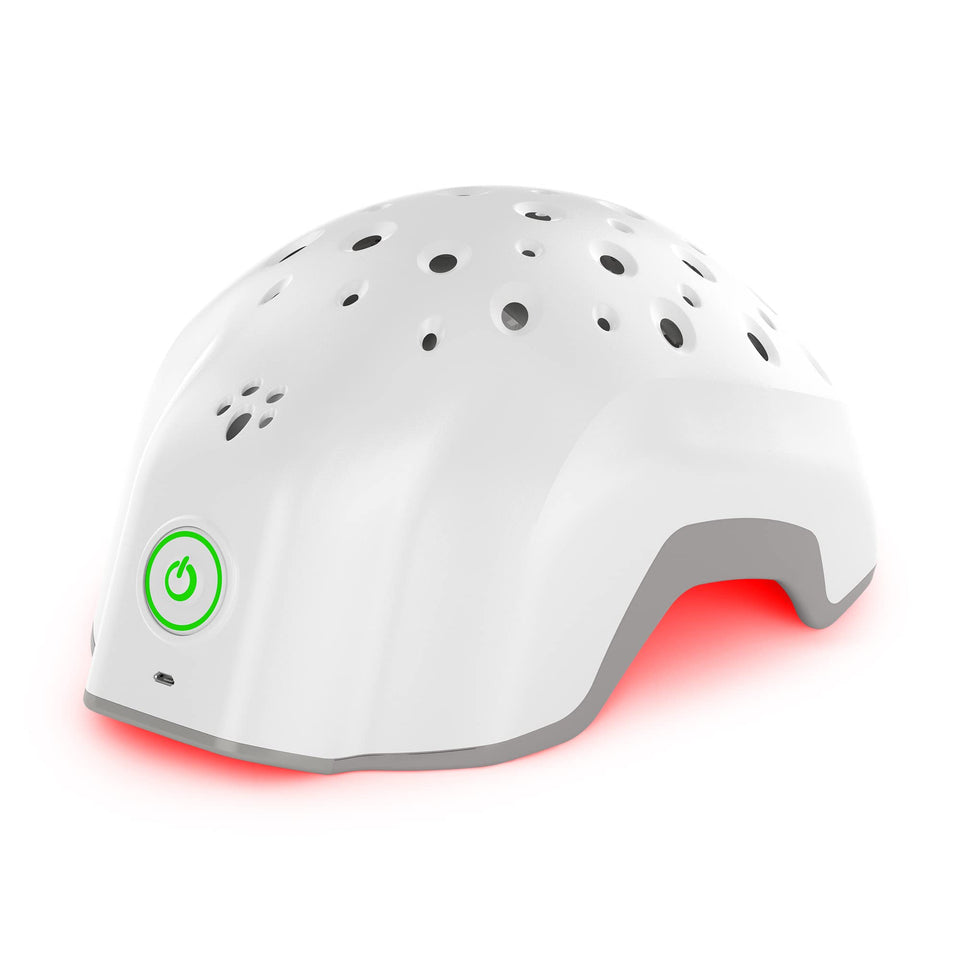 Theradome EVO laser helmet front view shows full scalp coverage for hands-free treatment