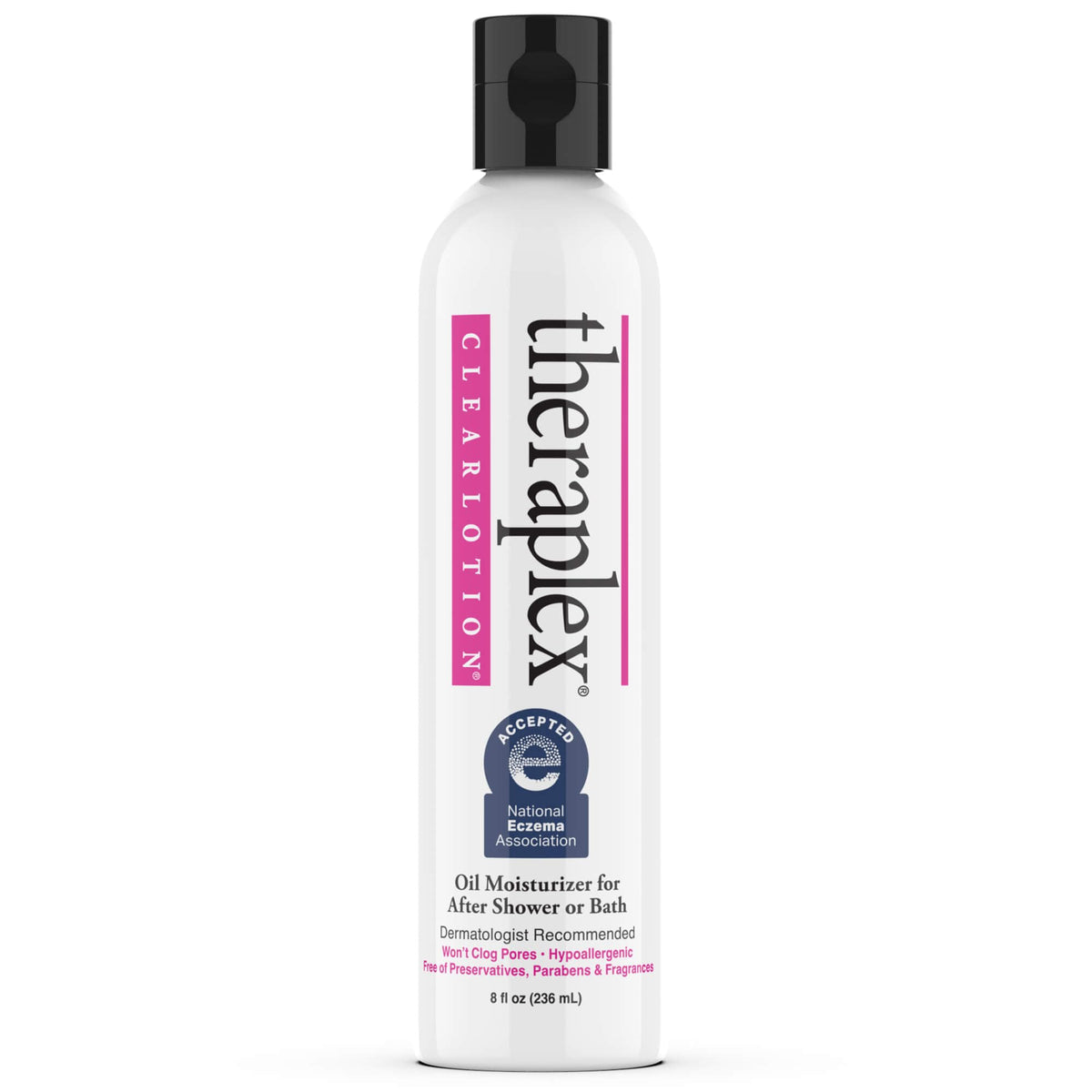 Theraplex Clear Emollient Lotion bottle for post-shower moisture sealing.