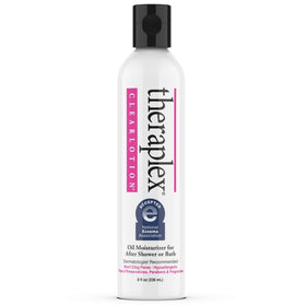 Theraplex Clear Emollient Lotion bottle for post-shower moisture sealing.