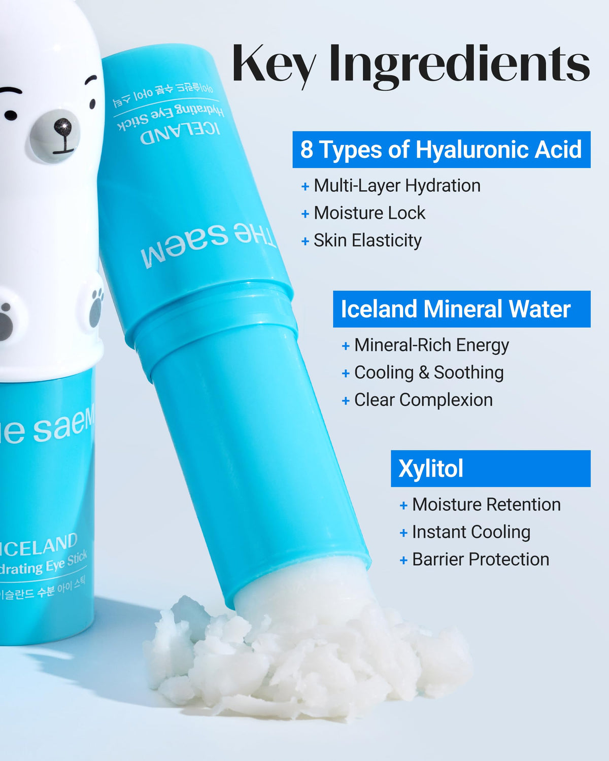THESAEM Iceland Hydrating Eye Stick ingredients like glacier water shown on label