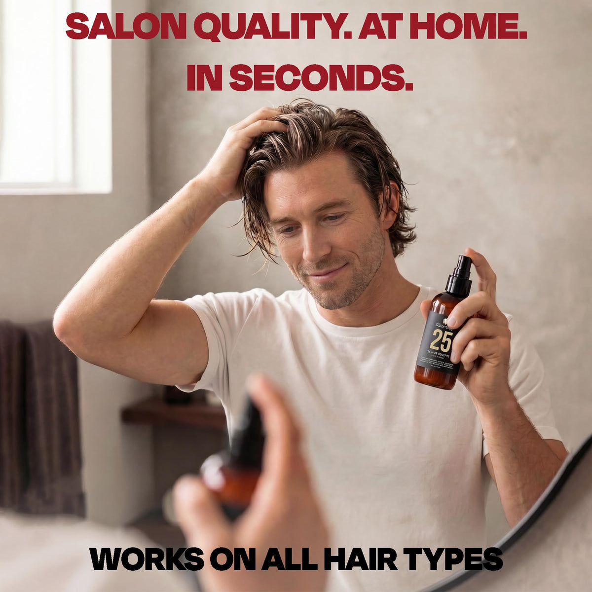 THESALONGUY 25 Spray label shows argan oil and keratin icons for color protection.