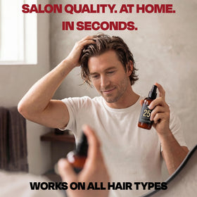 THESALONGUY 25 Spray label shows argan oil and keratin icons for color protection.