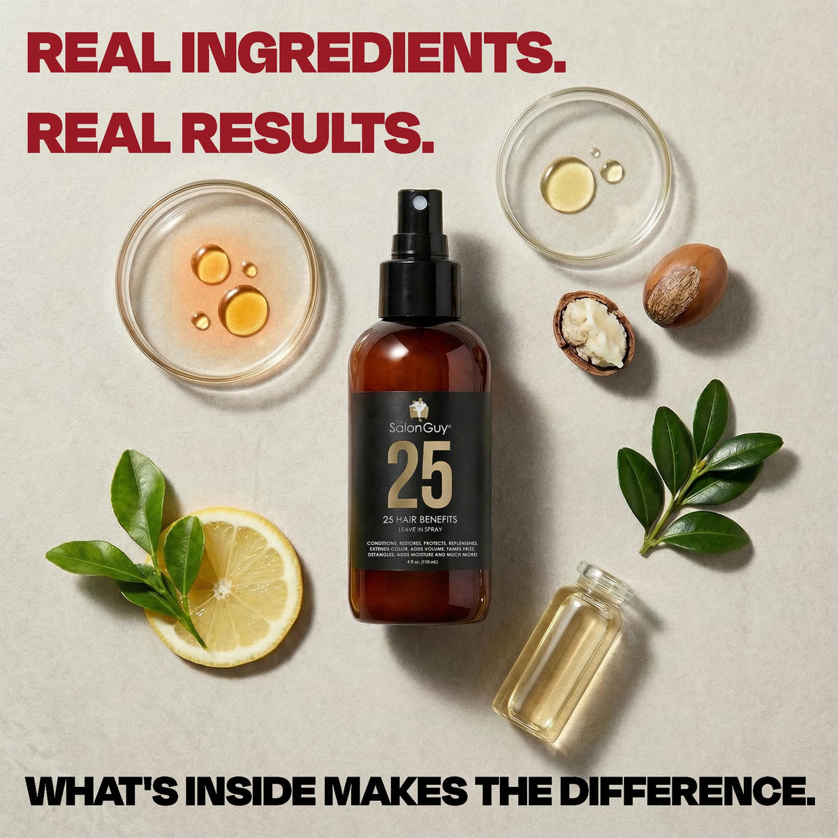 THESALONGUY 25 Spray Leave-In Conditioner applied to hair demonstrates detangling and shine.