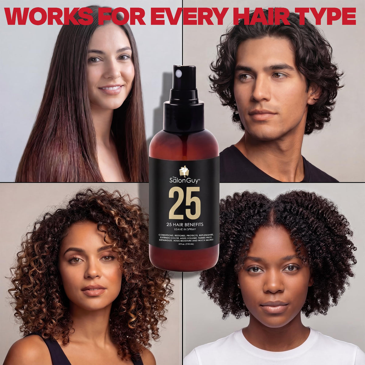 THESALONGUY 25 Spray Leave-In Conditioner packaging on vanity beside brushes.