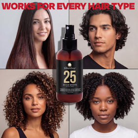 THESALONGUY 25 Spray Leave-In Conditioner packaging on vanity beside brushes.