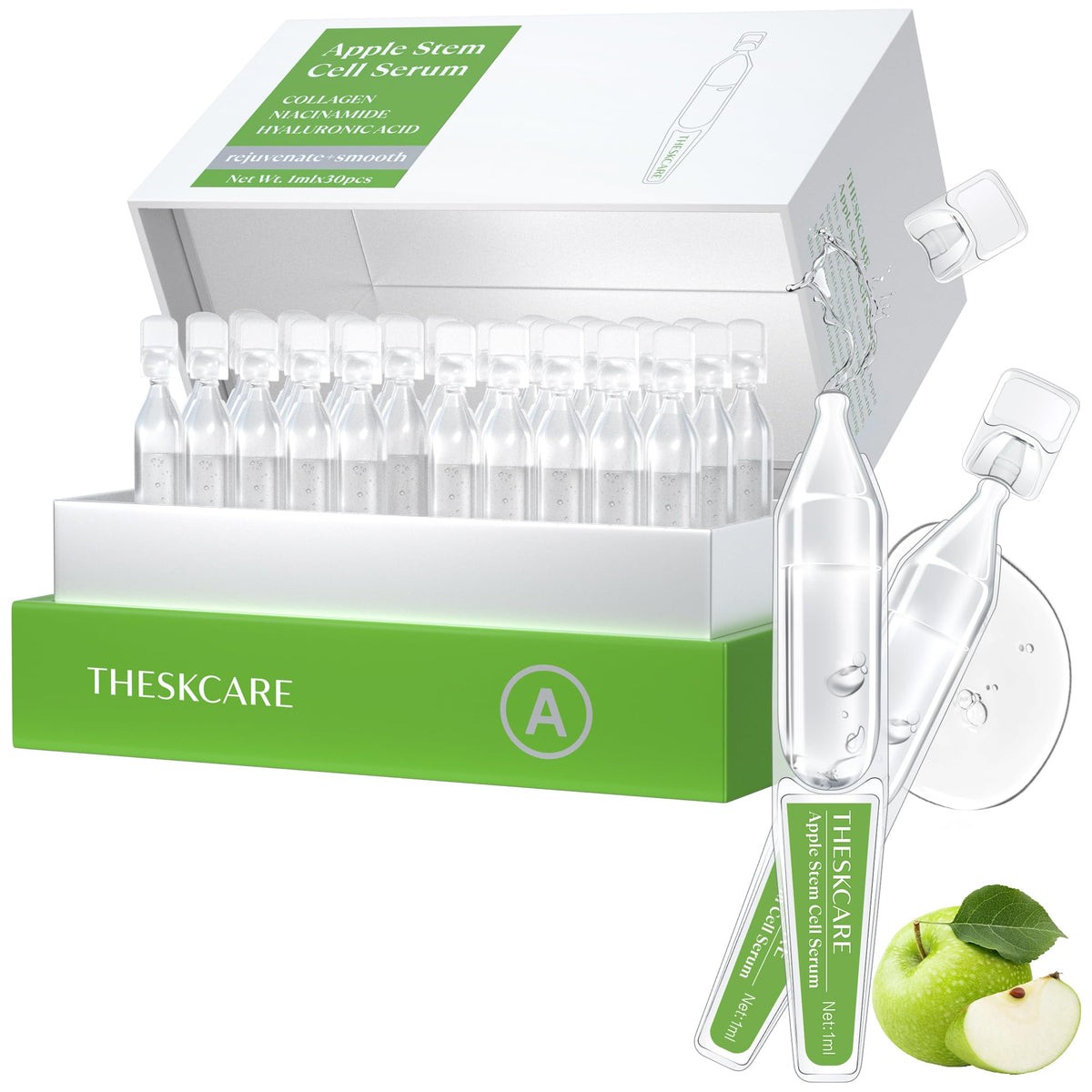 THESKCARE Apple Stem Cell Serum bottle highlighting premium anti-aging formula for firmer skin