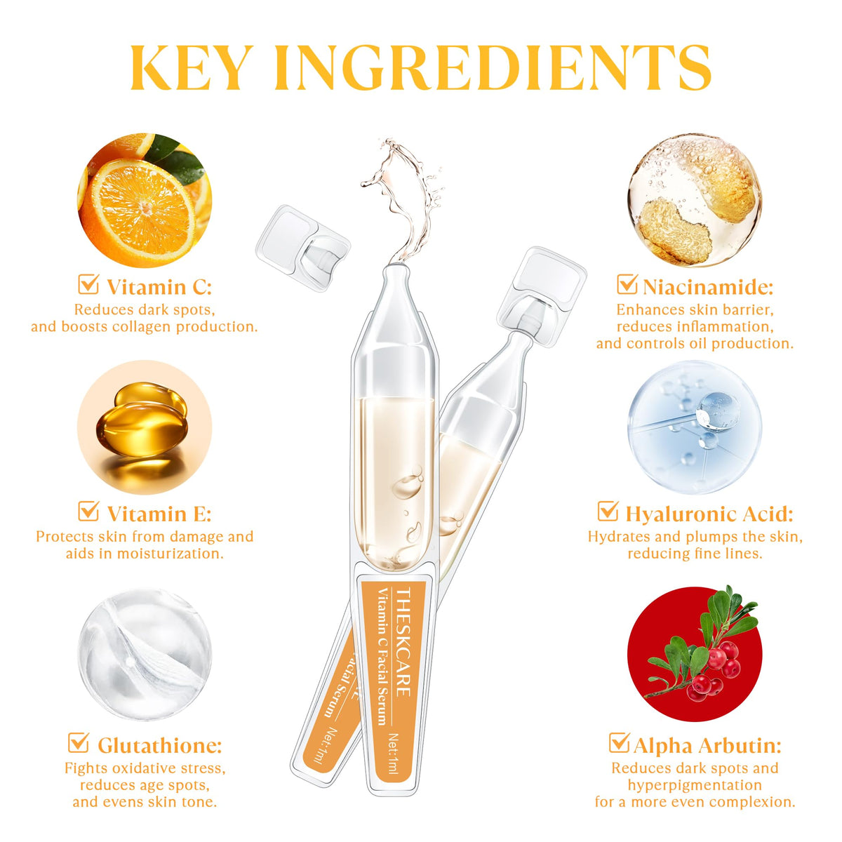 THESKCARE ampoules packaging close-up for easy, fresh use on the go.