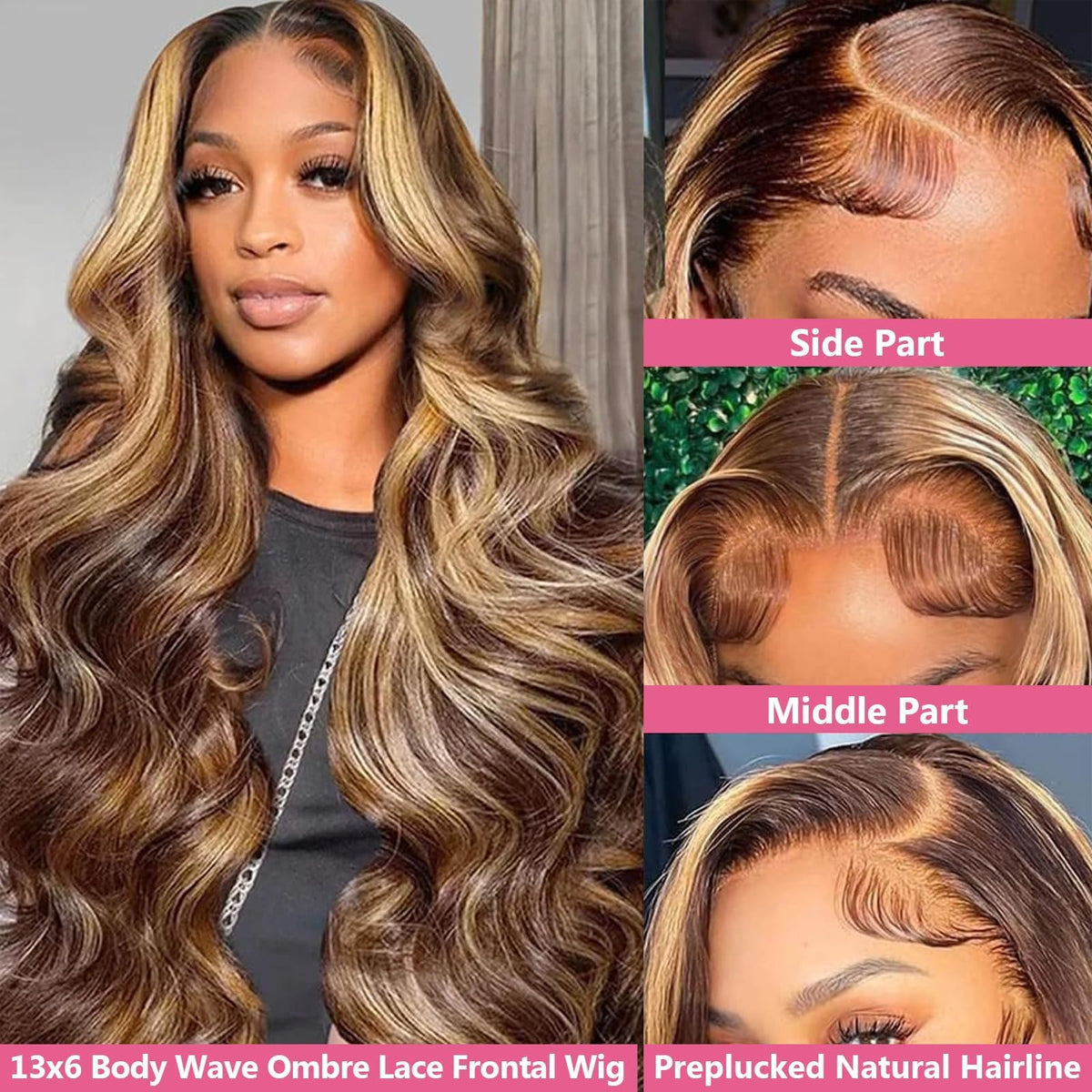 THGF honey blonde 28in wig side view emphasizes body wave and fullness