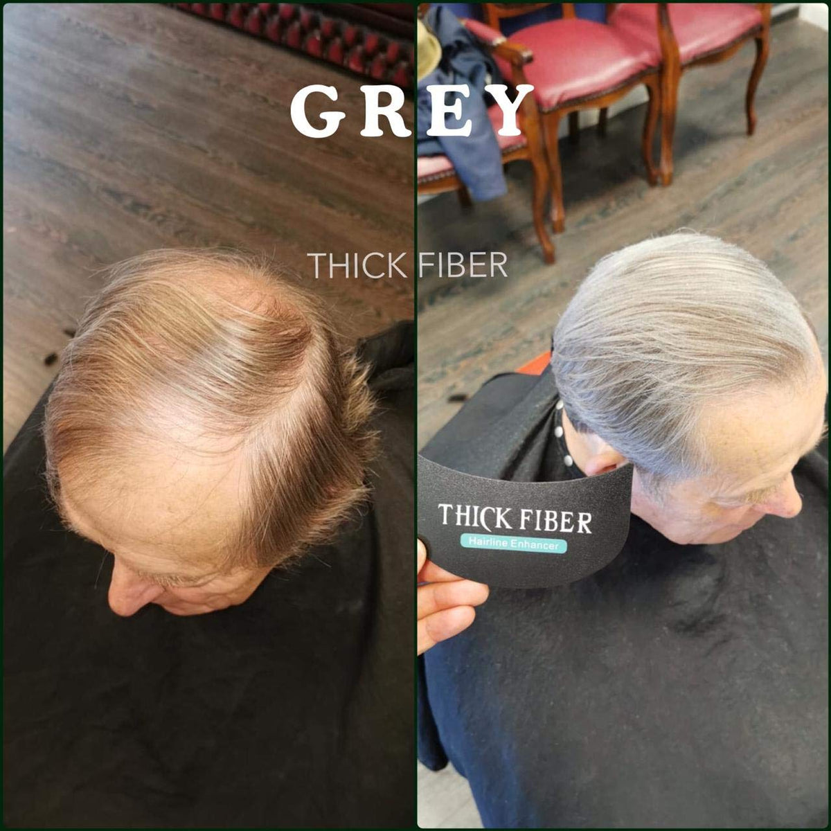 THICK FIBER before-and-after in different lighting demonstrates improved fullness.