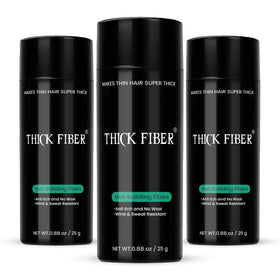 Thick Fiber bottle side-dispense for natural-looking hair fibers concealing thinning areas.