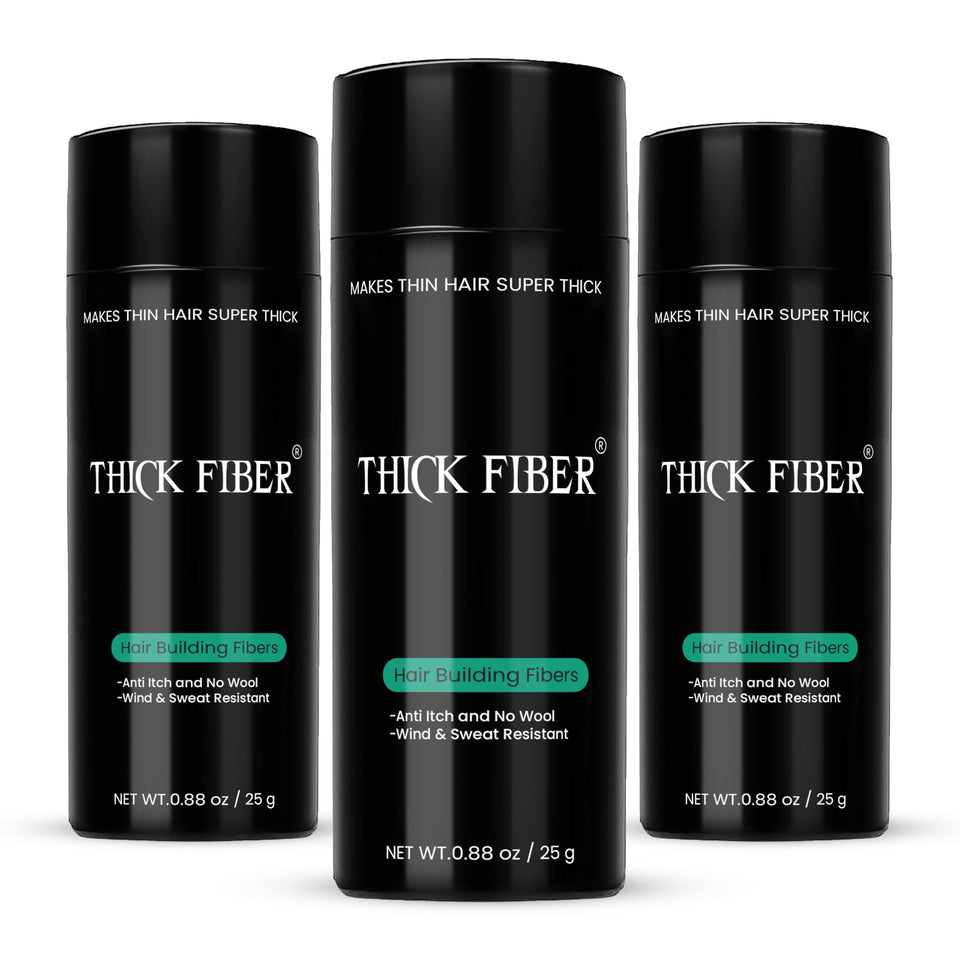 Thick Fiber bottle side-dispense for natural-looking hair fibers concealing thinning areas.