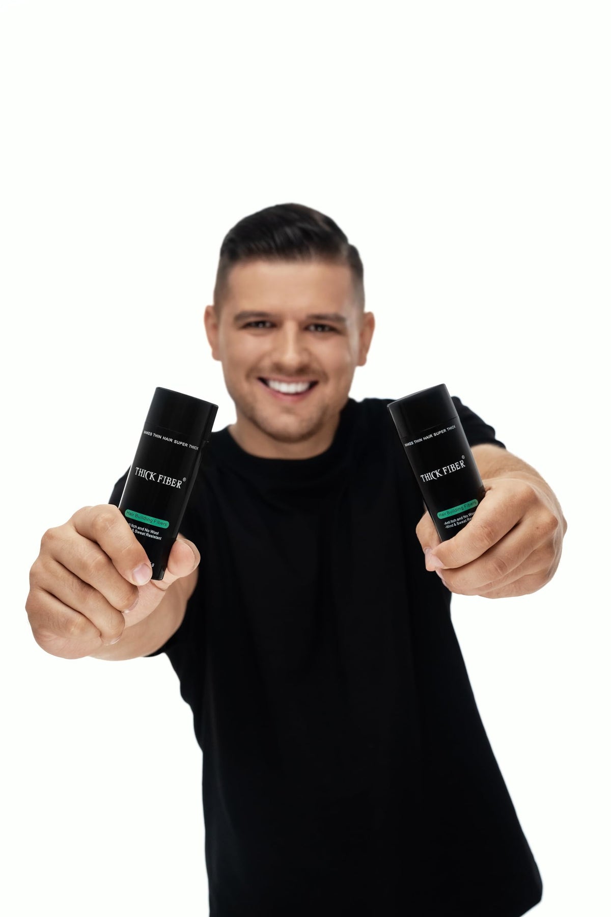 Thick Fiber keratin fibers blend with existing hair for a fuller look