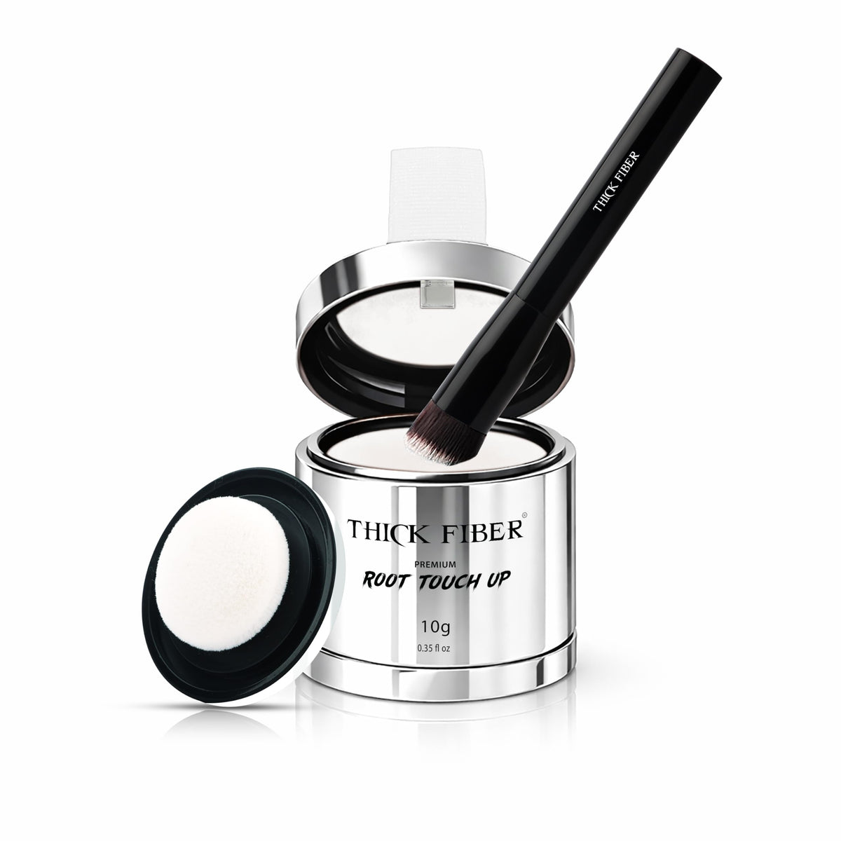 Thick Fiber Root Touch Up Powder application hides grey roots for quick results.