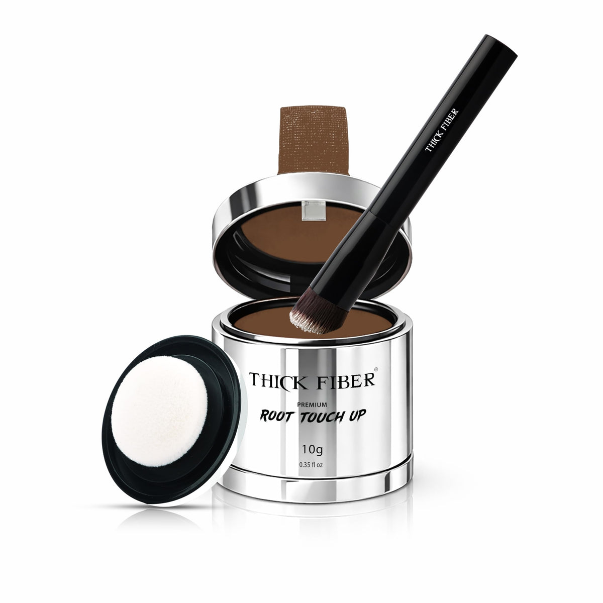 THICK FIBER root touch up powder compact delivers quick root concealment for a natural look.