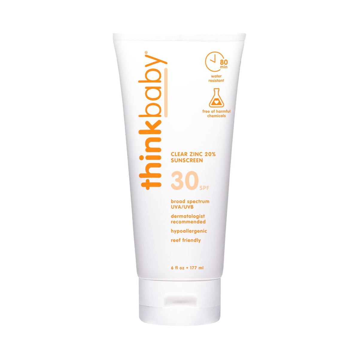Thinkbaby SPF30 mineral sunscreen bottle close-up shows clear zinc oxide protection for kids