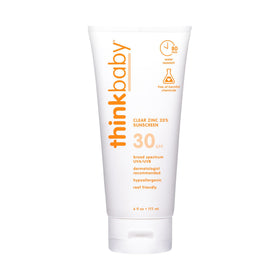 Thinkbaby SPF30 mineral sunscreen bottle close-up shows clear zinc oxide protection for kids