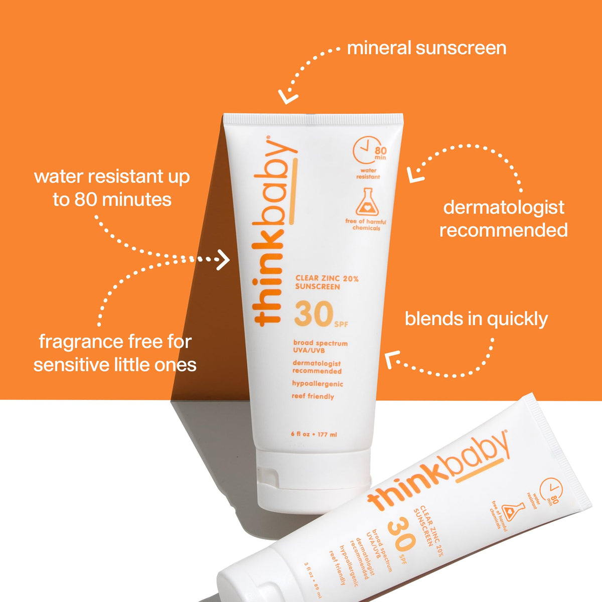 Thinkbaby SPF30 mineral sunscreen bottle close-up reveals easy application for families