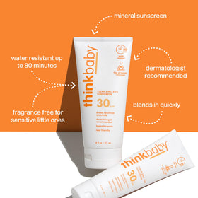 Thinkbaby SPF30 mineral sunscreen bottle close-up reveals easy application for families