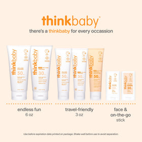 Thinkbaby SPF30 mineral sunscreen vegan formula for plant-based family sun care