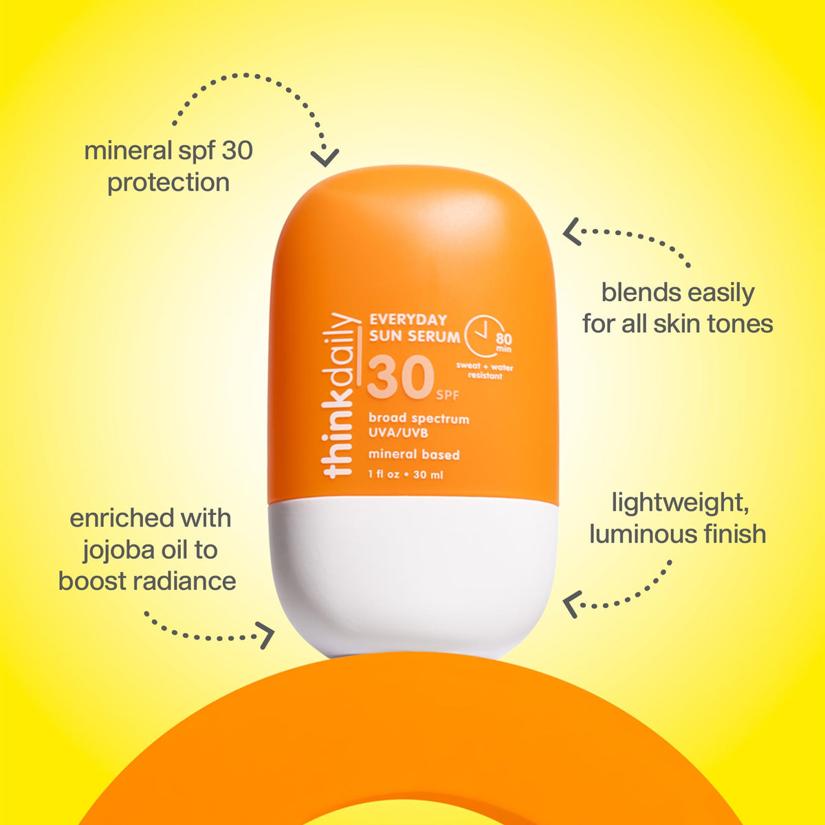 Thinkdaily SPF 30 sunscreen pump top for quick, even application.