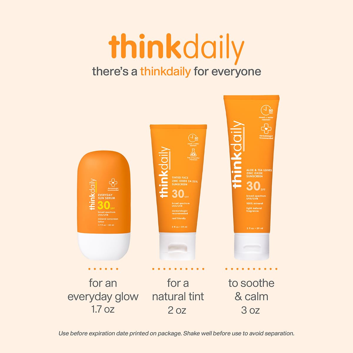 Thinkdaily 80-minute water resistance icon on tube.