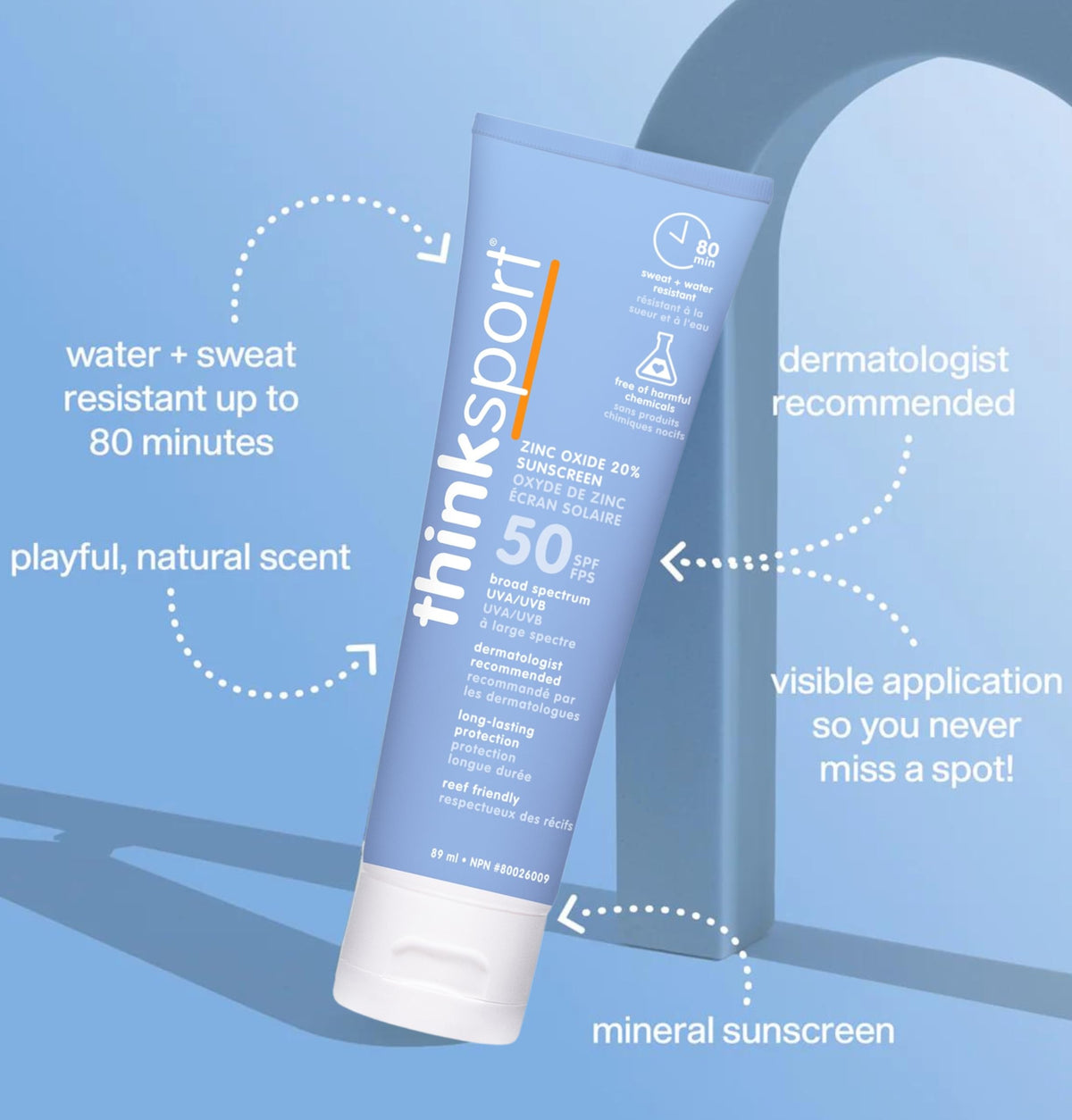 Close-up of ThinkSport SPF 50+ sunscreen being applied to skin