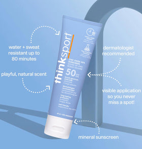 Close-up of ThinkSport SPF 50+ sunscreen being applied to skin