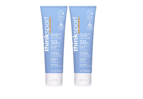 ThinkSport SPF 50+ sunscreen two-pack packaging shown for travel