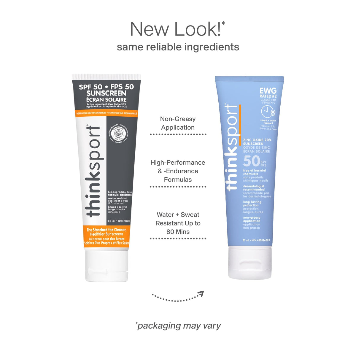 Two ThinkSport SPF 50+ sunscreen tubes ready for outdoor use