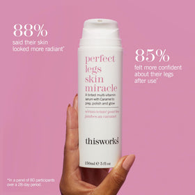 ThisWorks Perfect Legs Skin Miracle demonstrates even-tone glow on legs.