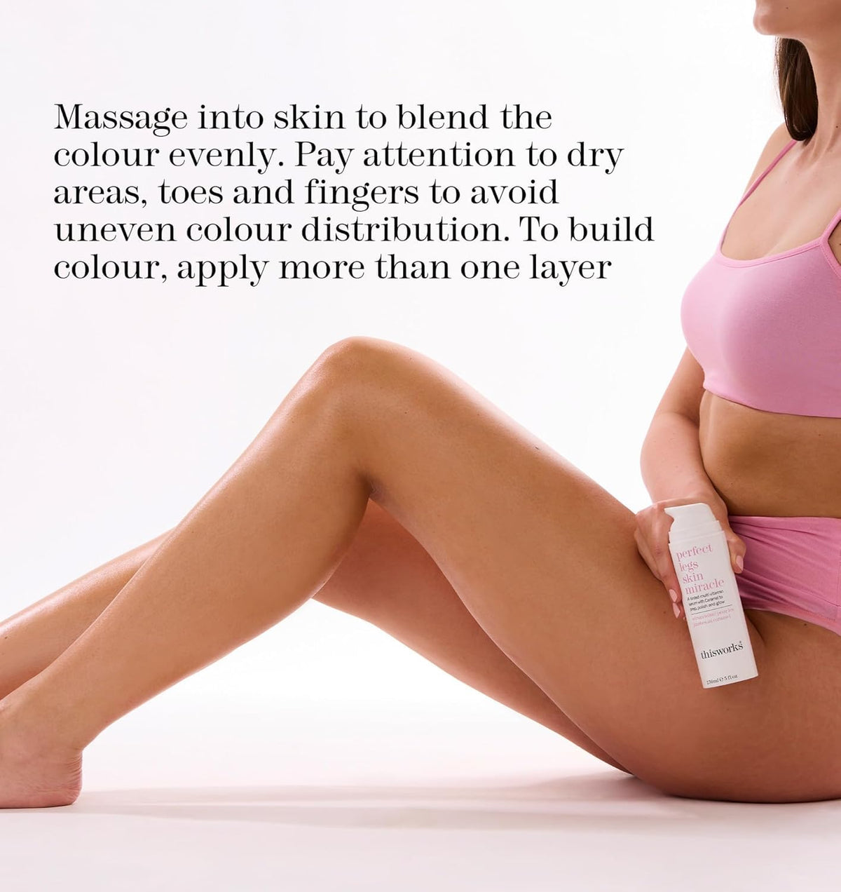 ThisWorks Perfect Legs Skin Miracle shows lightweight hydration on skin.