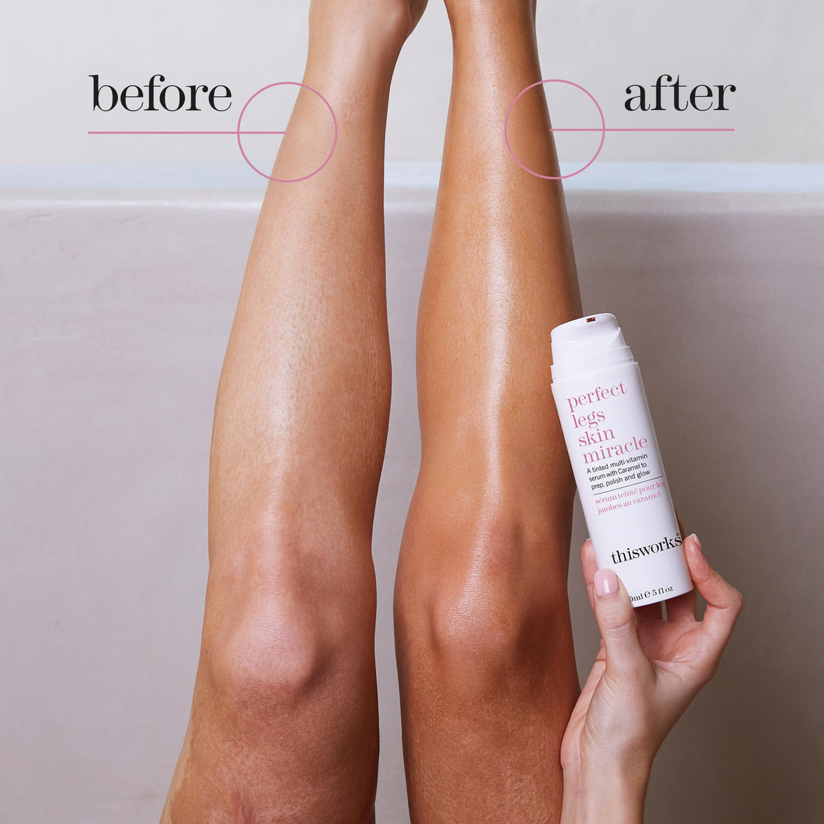 ThisWorks Perfect Legs Serum applied to leg for quick absorption.
