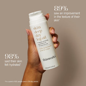 THISWORKS Skin Deep Dry Leg Oil application on leg for smoother, nourished skin.