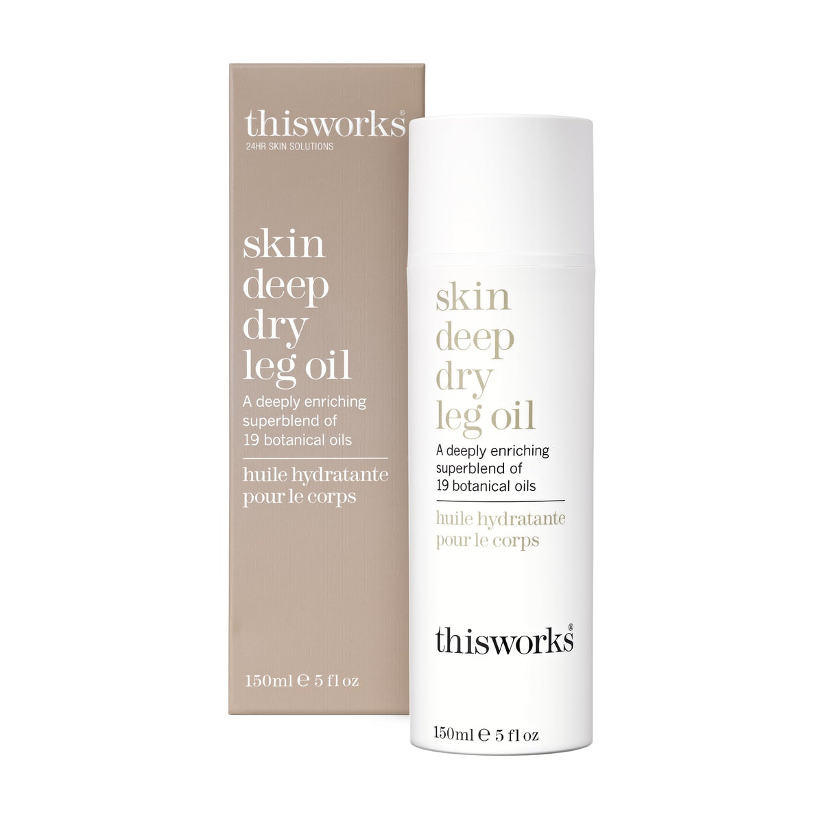 THISWORKS Skin Deep Dry Leg Oil bottle delivers deep hydration for dry skin.