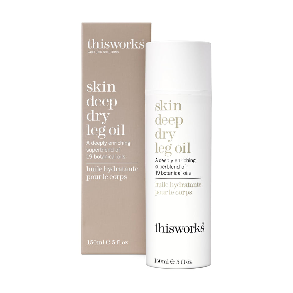 THISWORKS Skin Deep Dry Leg Oil bottle delivers deep hydration for dry skin.
