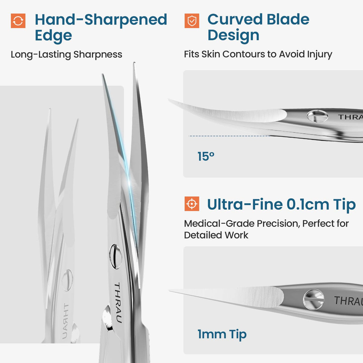 THRAU curved-tip detail highlighting safe, accurate trimming