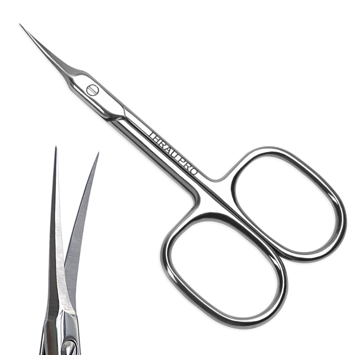 THRAU cuticle scissors closeup blade for precise trimming of nails and cuticles.