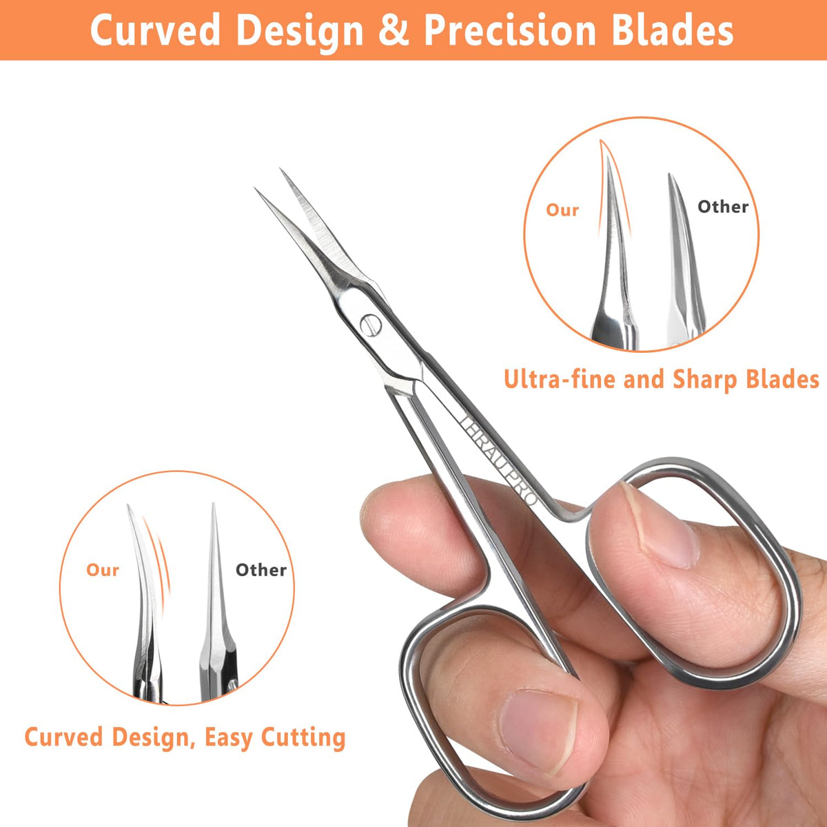 THRAU cuticle scissors ergonomic handle for comfortable, controlled grooming.