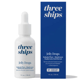 Three Ships Jelly Drops bottle closeup showcases hydrating serum for dewy skin