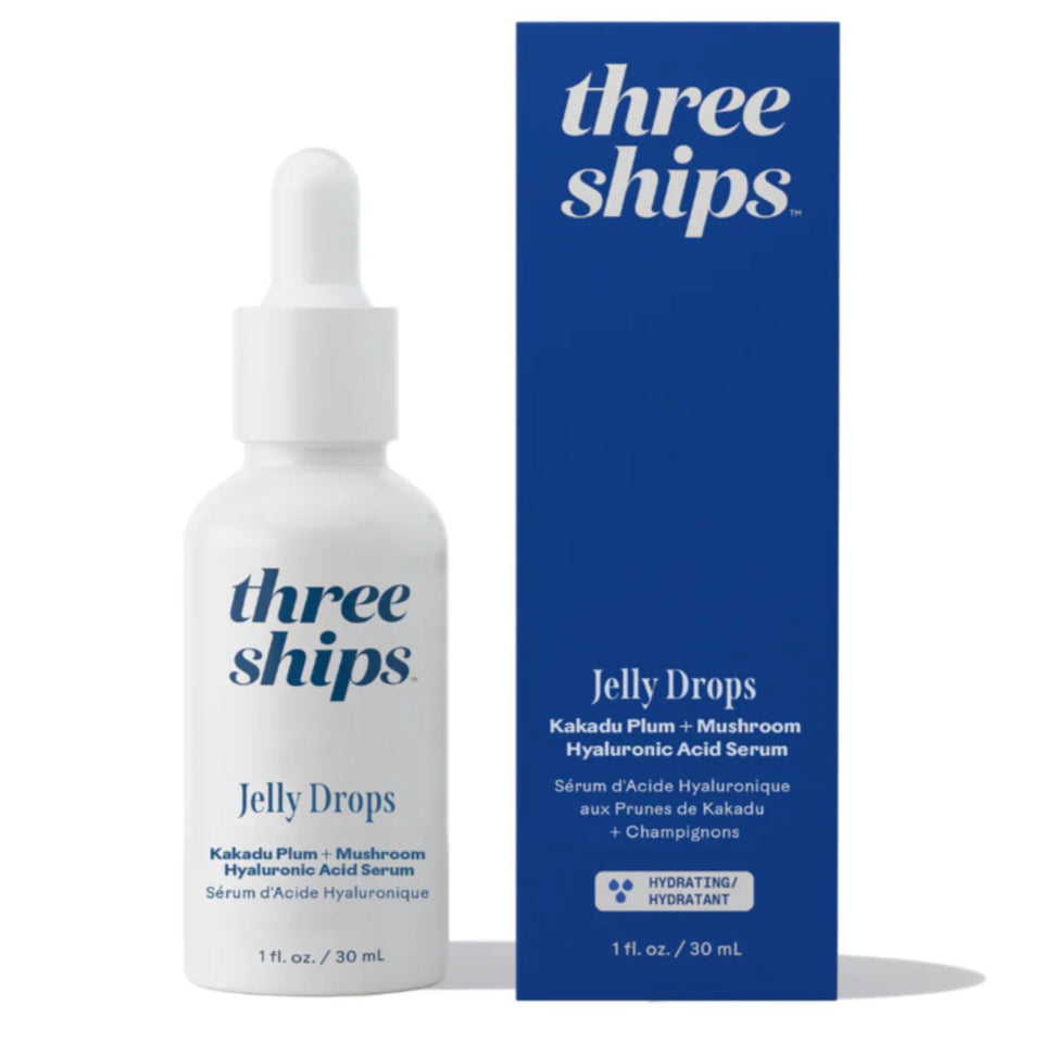 Three Ships Jelly Drops bottle closeup showcases hydrating serum for dewy skin