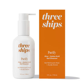 Three Ships Purify Aloe cleanser bottle shows a gentle, sulfate-free daily cleanse.